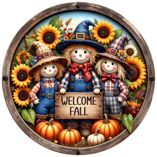 Welcome Fall Scarecrow & Pumpkins Wreath Sign, Round Metal Sign For Wreaths, Wreath Attachment, Halloween Fall Wreath Sign