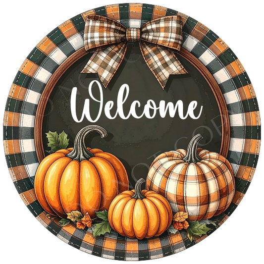 Welcome Plaid Fall Wreath Sign, Round Metal Sign For Wreaths, Wreath Attachment, Fall Pumpkin Wreath Sign