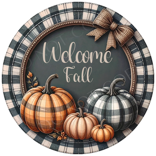 Welcome Fall Plaid Fall Wreath Sign, Round Metal Sign For Wreaths, Wreath Attachment, Fall Pumpkin Wreath Sign