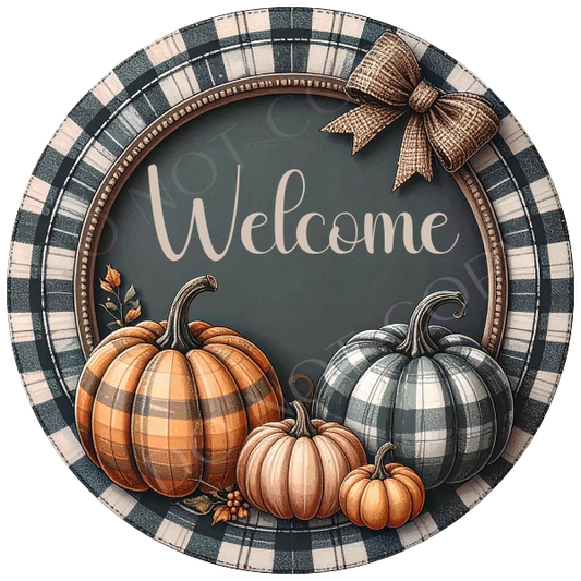 Welcome Plaid Fall Wreath Sign, Round Metal Sign For Wreaths, Wreath Attachment, Fall Pumpkin Wreath Sign