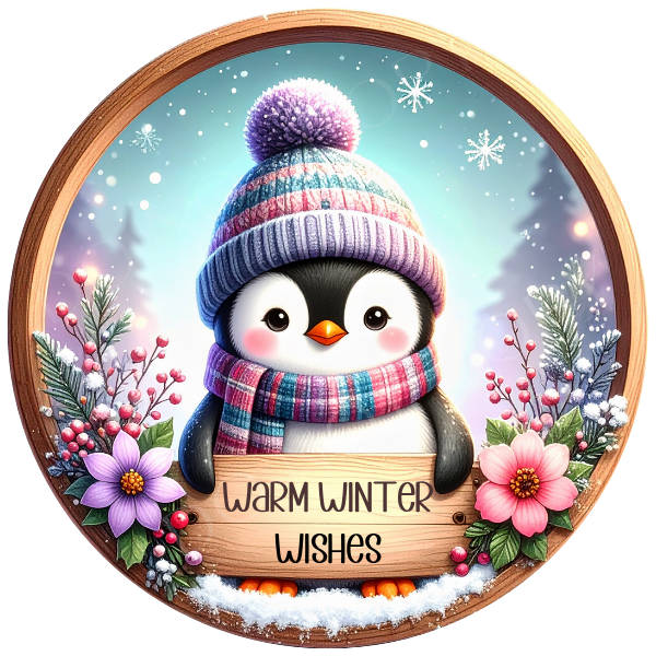 Warm Winter Wishes Penguin Wreath Sign, Round Metal Sign For Wreaths, Wreath Attachment, Christmas Holiday Winter Wreath Sign