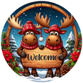 Welcome Moose Wreath Sign, Round Metal Sign For Wreaths, Wreath Attachment, Christmas Holiday Winter Wreath Sign