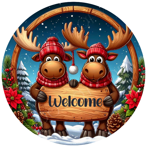 Welcome Moose Wreath Sign, Round Metal Sign For Wreaths, Wreath Attachment, Christmas Holiday Winter Wreath Sign