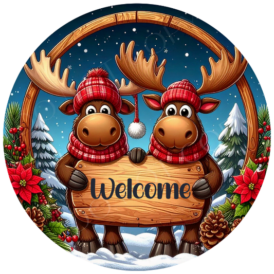 Welcome Moose Wreath Sign, Round Metal Sign For Wreaths, Wreath Attachment, Christmas Holiday Winter Wreath Sign
