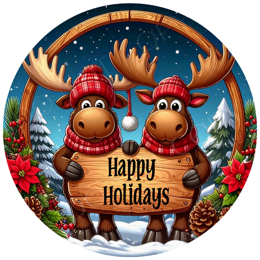 Happy Holidays Moose Wreath Sign, Round Metal Sign For Wreaths, Wreath Attachment, Christmas Holiday Winter Wreath Sign