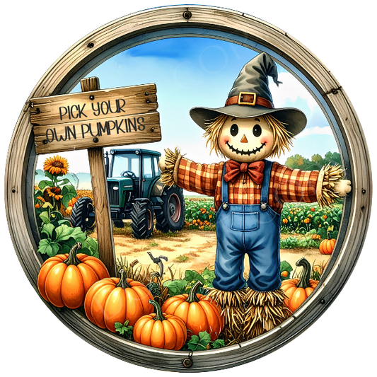 Pick Your Own Pumpkins Scarecrow & Pumpkins Wreath Sign, Round Metal Sign For Wreaths, Wreath Attachment, Halloween Fall Wreath Sign