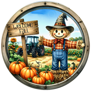Welcome Fall Scarecrow & Pumpkins Wreath Sign, Round Metal Sign For Wreaths, Wreath Attachment, Halloween Fall Wreath Sign