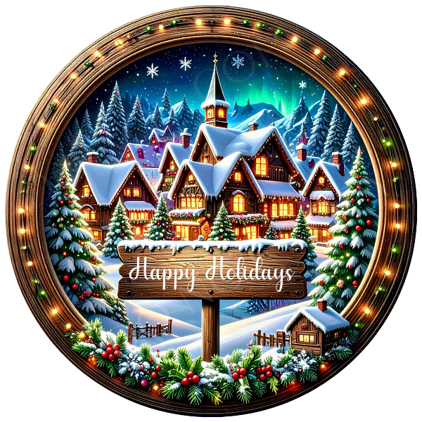 Happy Holidays Santa's Village Wreath Sign, Round Metal Sign For Wreaths, Wreath Attachment, Christmas Holiday Winter Wreath Sign