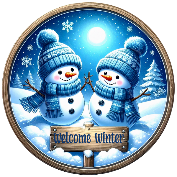 Welcome Winter Snowman Wreath Sign, Round Metal Sign For Wreaths, Wreath Attachment, Christmas Holiday Winter Wreath Sign