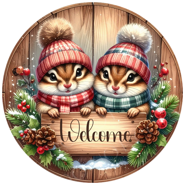 Winter Chipmunk Welcome Wreath Sign, Round Metal Sign For Wreaths, Wreath Attachment, Christmas Holiday Winter Wreath Sign