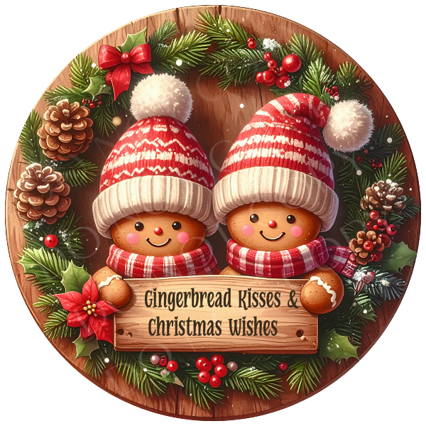 Gingerbread Kisses & Christmas Wishes Wreath Sign, Round Metal Sign For Wreaths, Wreath Attachment, Christmas Holiday Winter Wreath Sign