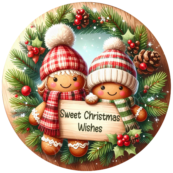 Gingerbread Sweet Christmas Wishes Wreath Sign, Round Metal Sign For Wreaths, Wreath Attachment, Christmas Holiday Winter Wreath Sign