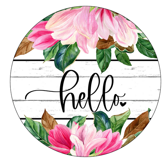 Hello Faux Shiplap Pink Flowers Wreath Sign, Round Metal Sign, Door Hanger