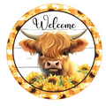 Highland Cow and Sunflowers Welcome Wreath Sign, Round Metal Sign, Door Hanger