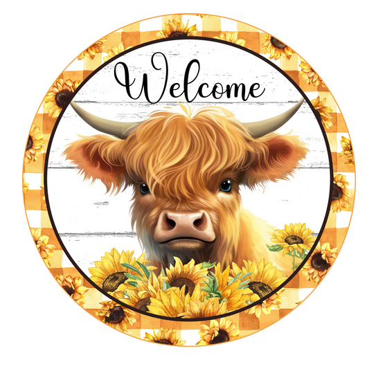 Highland Cow and Sunflowers Welcome Wreath Sign, Round Metal Sign, Door Hanger