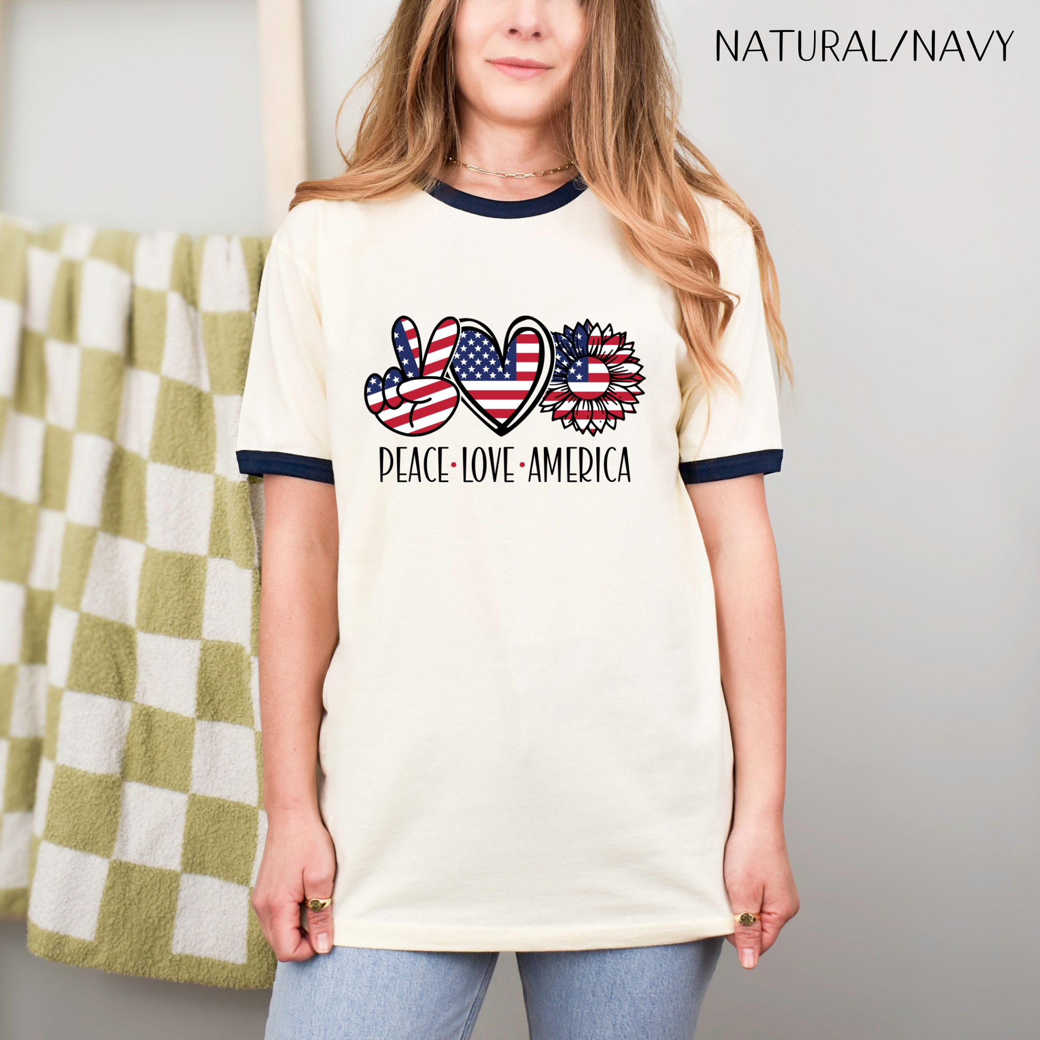 Peace Love America Unisex Cotton Ringer T-Shirt | Patriotic Tee for Memorial Day, Independence Day, 4th of July, American Pride Shirt