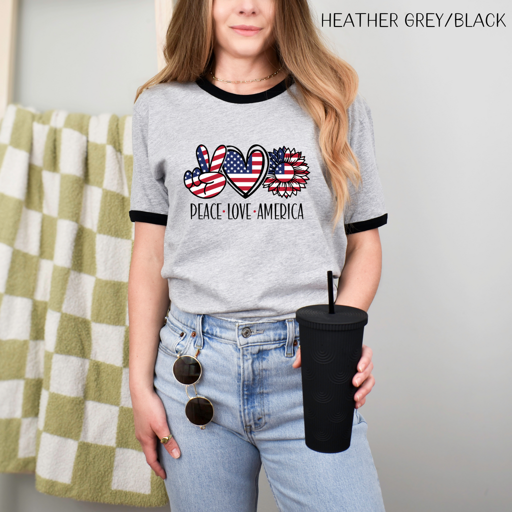Peace Love America Unisex Cotton Ringer T-Shirt | Patriotic Tee for Memorial Day, Independence Day, 4th of July, American Pride Shirt