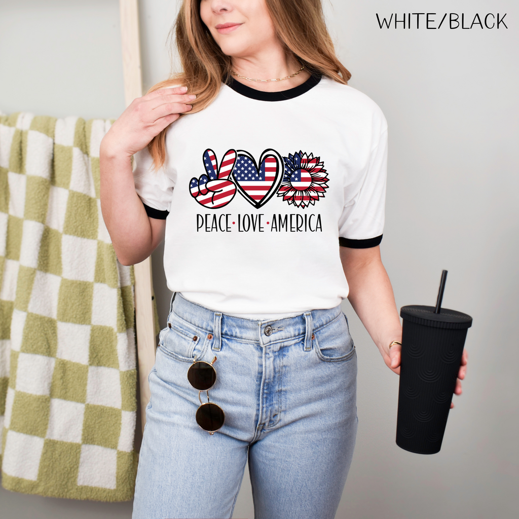 Peace Love America Unisex Cotton Ringer T-Shirt | Patriotic Tee for Memorial Day, Independence Day, 4th of July, American Pride Shirt