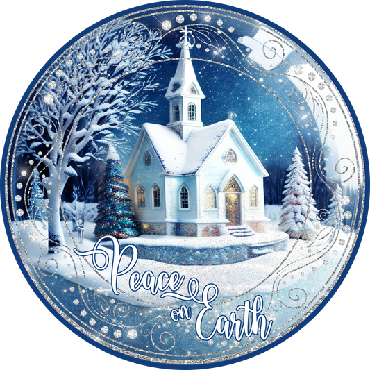 Peace On Earth with church  Wreath Sign
