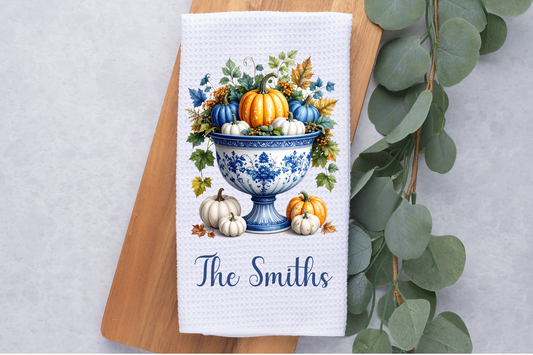Custom Fall Chinoiserie Pumpkins Dish Tea Hand Kitchen Towel, Kitchen Decor Gift, Fall Autumn Decor-Housewarming Hostess Gift