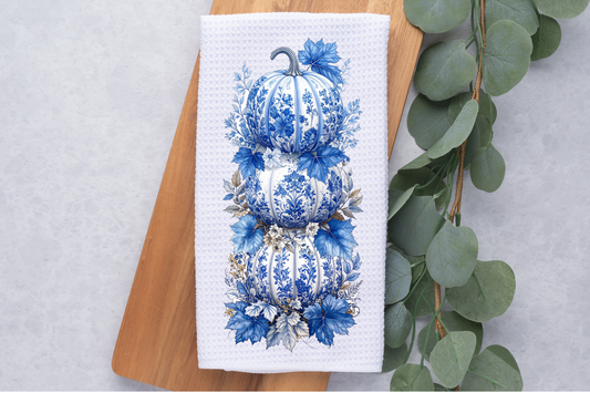 Blue Chinoiserie Stacked Pumpkins Tea Dish Kitchen Towel, Fall Hand Towel, Blue Toile Kitchen Decor, Hostess Housewarming Gift