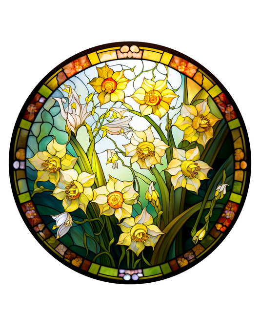 Stained Glass Daffodils Wreath Sign, Round Metal Sign, Door Hanger