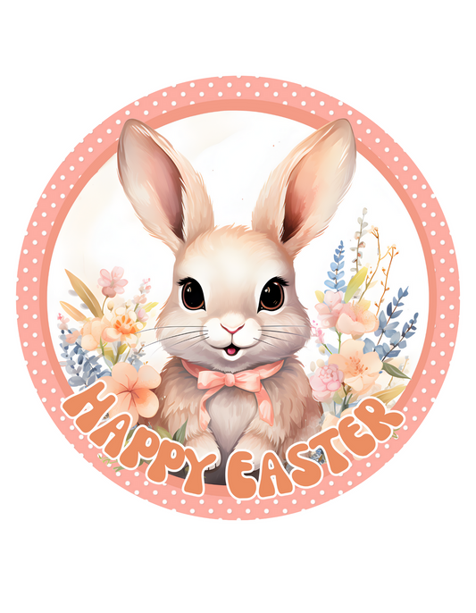 Happy Easter Pink Bunny Wreath Sign, Round Metal Sign, Door Hanger