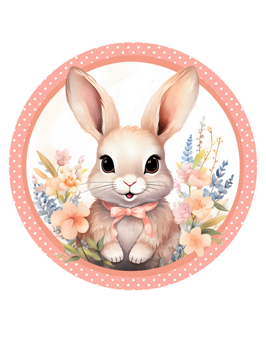 Pink Bunny Wreath Sign, Round Metal Sign, Door Hanger