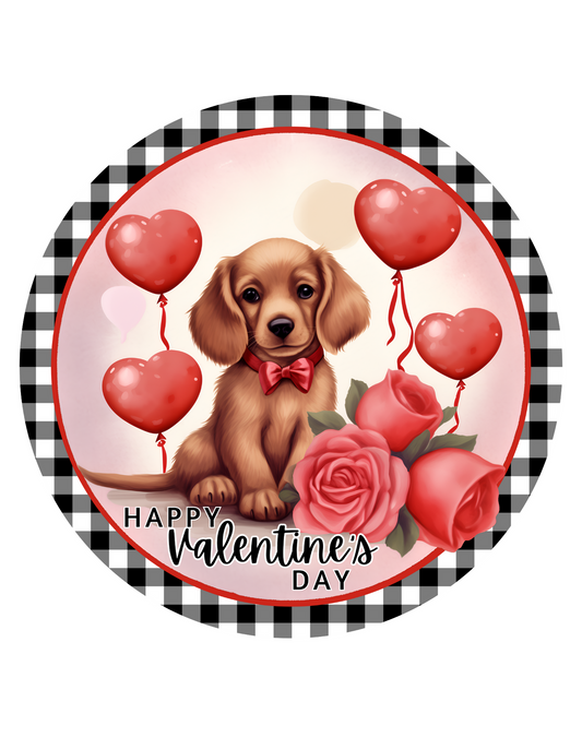 Happy Valentines Day Cute Puppy  Wreath Sign, Round Metal Sign, Door Hanger