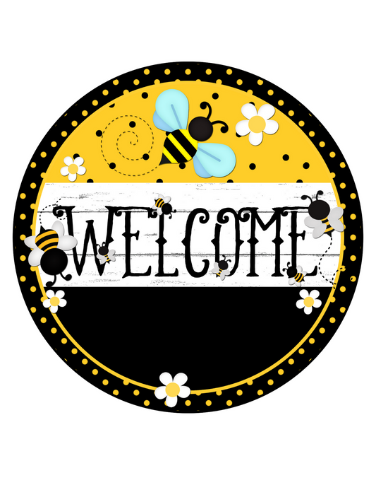 Black and Yellow Welcome Bee's Wreath Sign, Round Metal Sign, Door Hanger