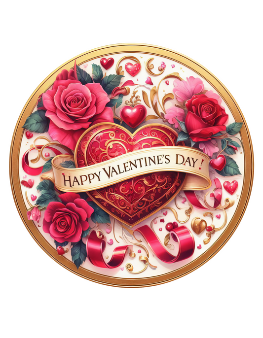 Happy Valentines Day Red and Gold Wreath Sign, Round metal sign, Door Hanger