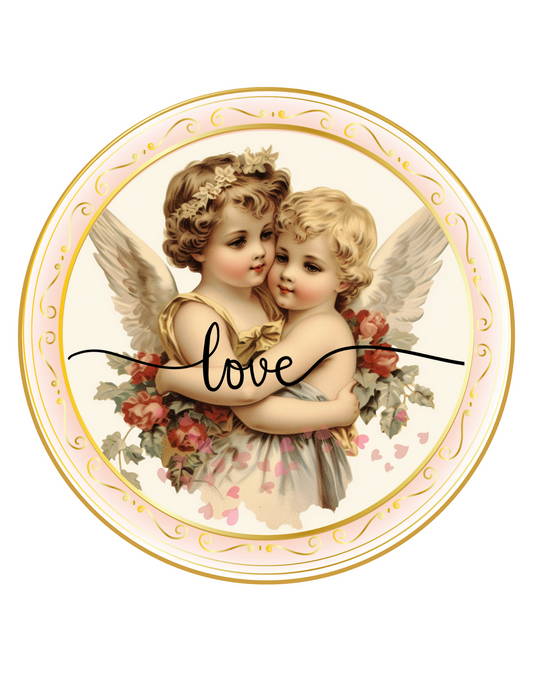 Love Cherub Angels Wreath Sign, Round Metal Sign, Door Hanger