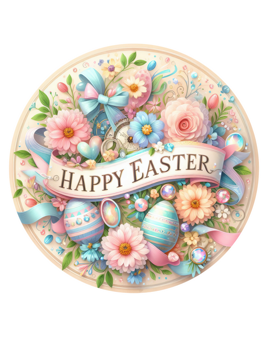 Happy Easter Pastel Flowers and Eggs Wreath Sign,Round metal sign, Door Hanger