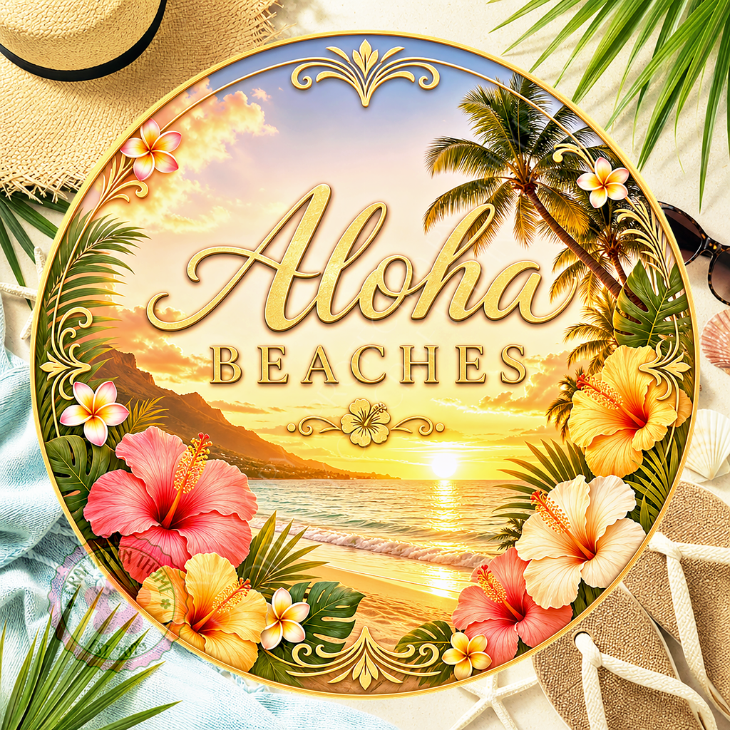 Aloha Beaches Wreath Sign, Round Metal Sign For Wreaths, Summer Beach Wreath Attachment Insert