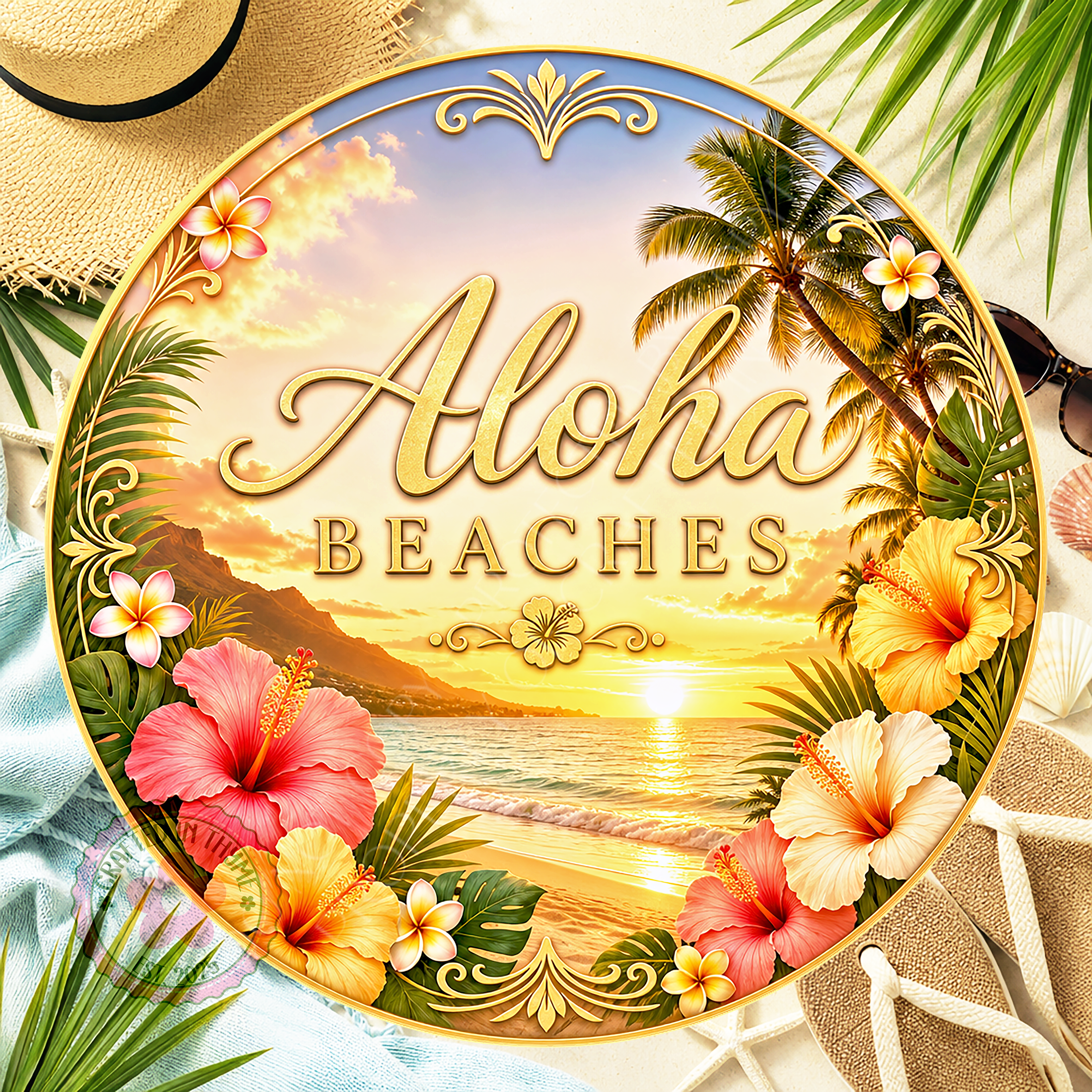 Aloha Beaches Wreath Sign, Round Metal Sign For Wreaths, Summer Beach Wreath Attachment Insert