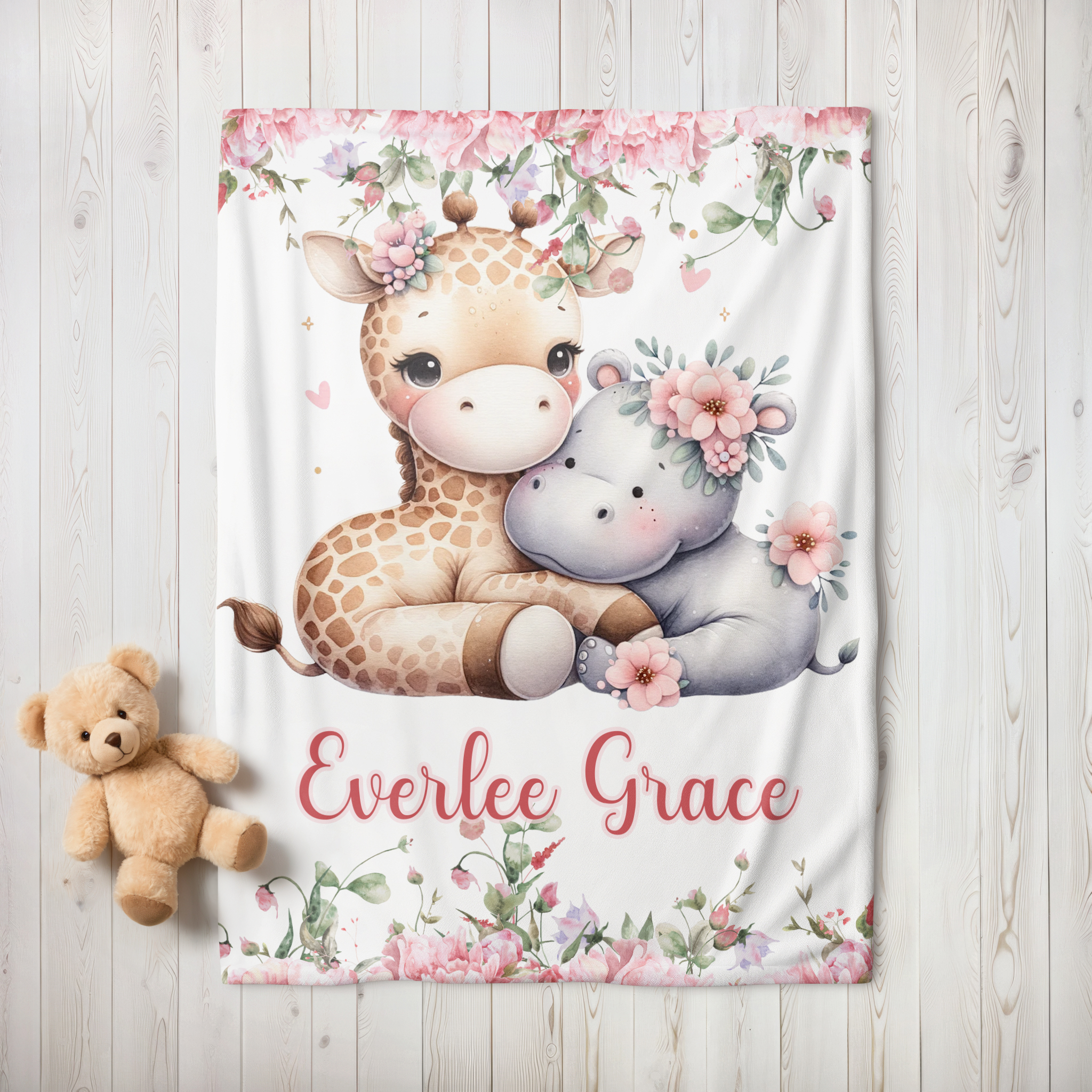 Custom Baby Girl Floral Giraffe & Hippo Blanket, New Baby Gift, Baby Shower Gift, Gift For Girl, Pink Nursery Blanket, Toddler Blanket