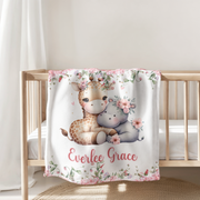 Custom Baby Girl Floral Giraffe & Hippo Blanket, New Baby Gift, Baby Shower Gift, Gift For Girl, Pink Nursery Blanket, Toddler Blanket