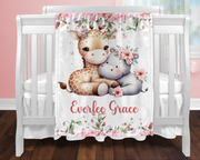 Custom Baby Girl Floral Giraffe & Hippo Blanket, New Baby Gift, Baby Shower Gift, Gift For Girl, Pink Nursery Blanket, Toddler Blanket