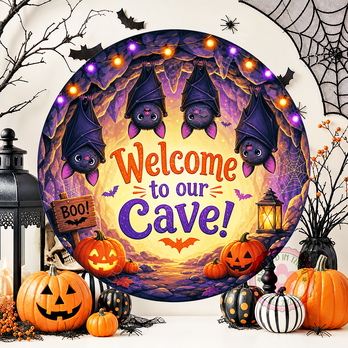 Welcome To Our Cave Wreath Sign, Round Metal Sign For Wreaths, Halloween Wreath Attachment