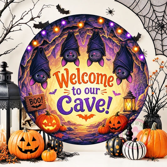 Welcome To Our Cave Wreath Sign, Round Metal Sign For Wreaths, Halloween Wreath Attachment
