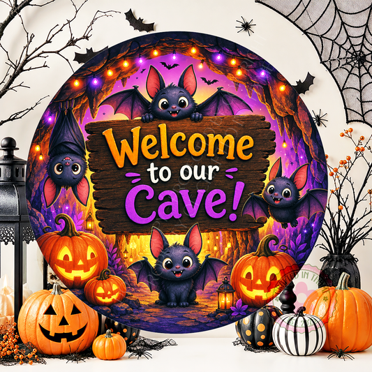 Welcome To Our Cave Wreath Sign, Round Metal Sign For Wreaths, Halloween Wreath Attachment