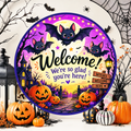 Welcome We're So Glad You're Here Wreath Sign, Round Metal Sign For Wreaths, Halloween Wreath Attachment