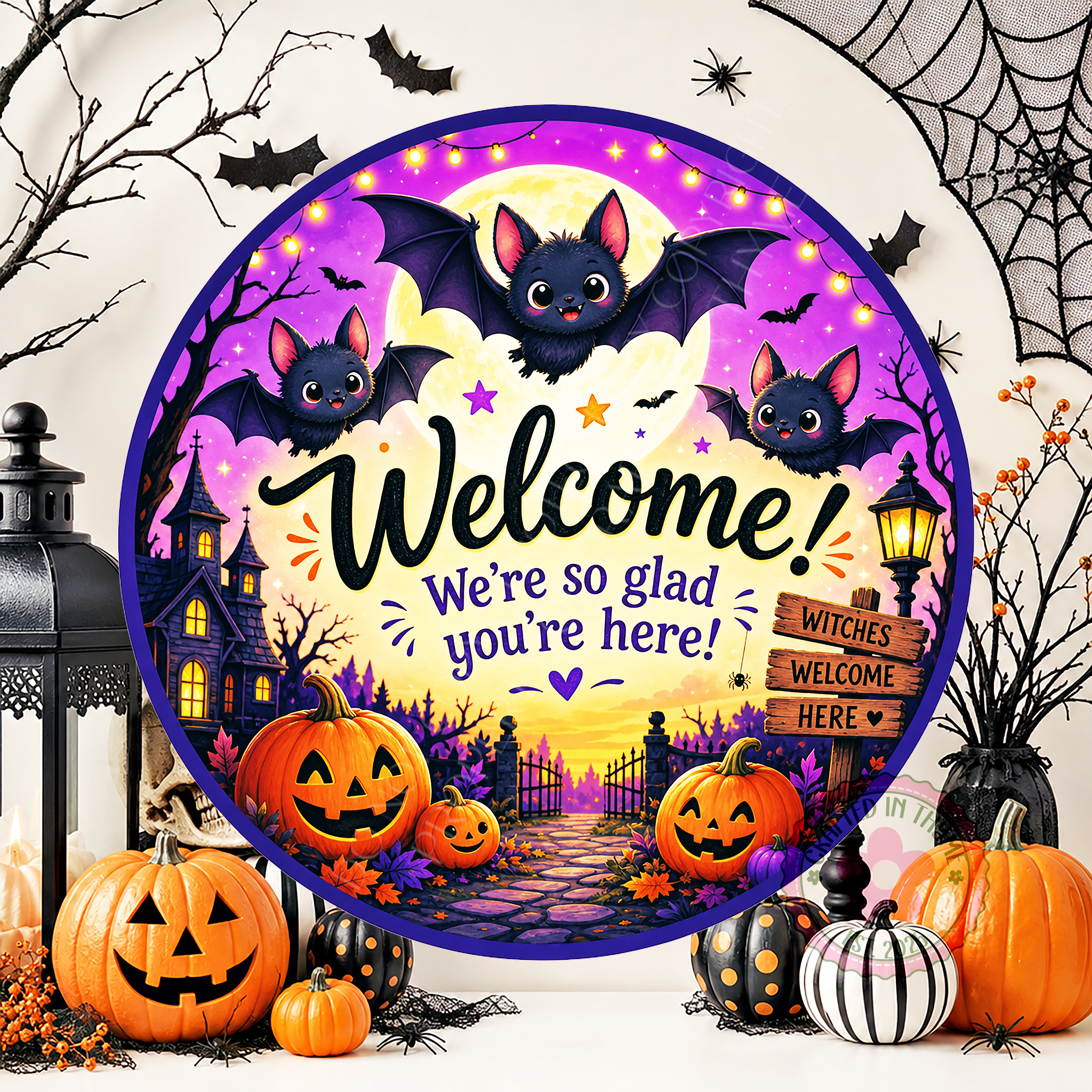 Welcome We're So Glad You're Here Wreath Sign, Round Metal Sign For Wreaths, Halloween Wreath Attachment