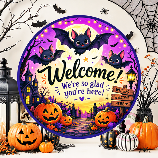 Welcome We're So Glad You're Here Wreath Sign, Round Metal Sign For Wreaths, Halloween Wreath Attachment
