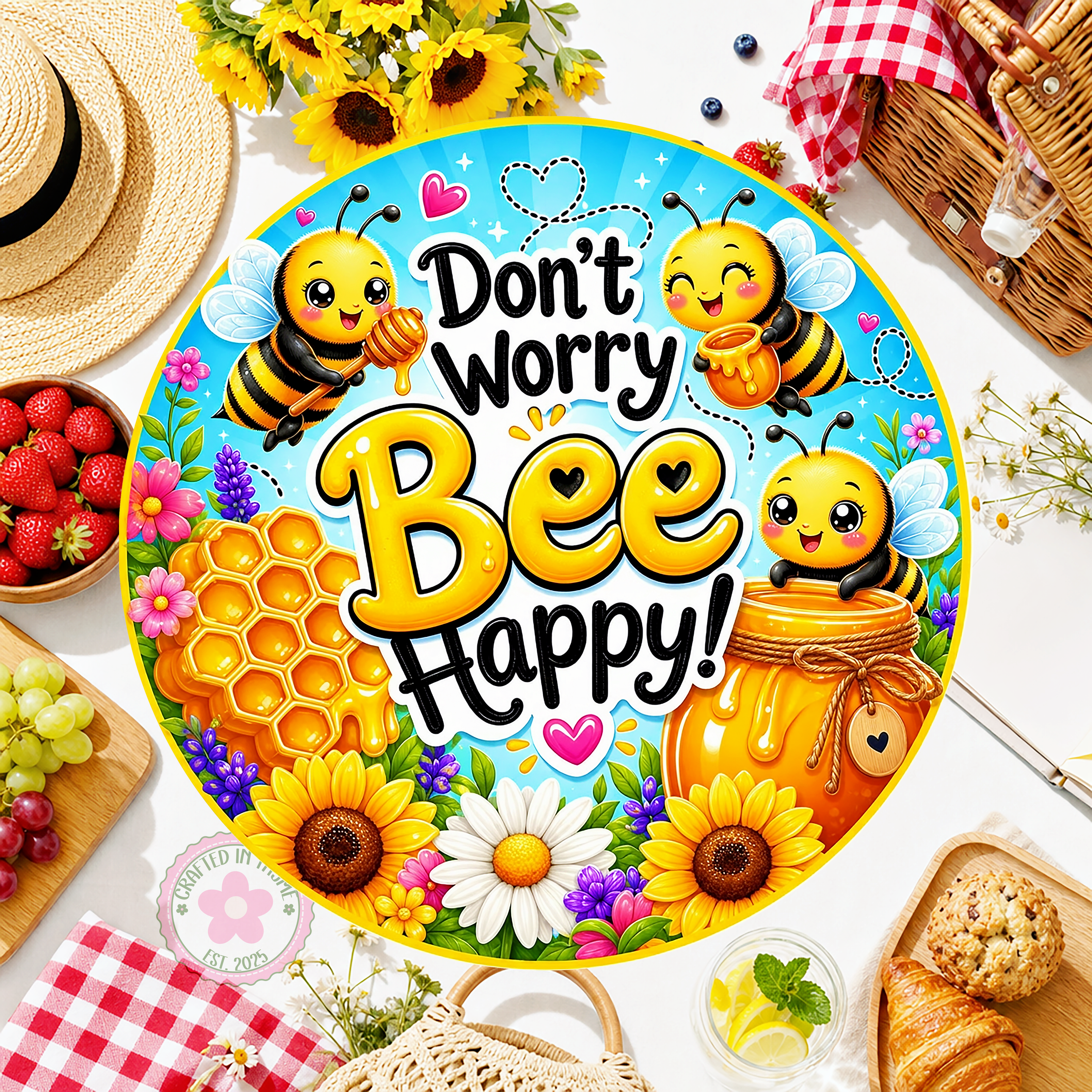 Don't Worry Bee Happy Wreath Sign, Round Metal Sign For Wreaths, Bee Decor