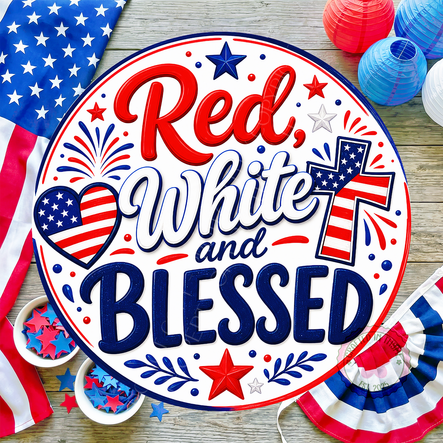 Red, White & Blessed Wreath Sign, Round Metal Sign For Wreaths, Patriotic Decor