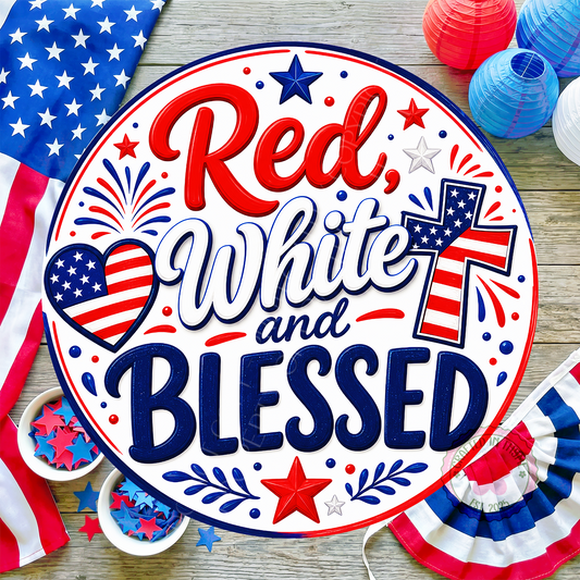 Red, White & Blessed Wreath Sign, Round Metal Sign For Wreaths, Patriotic Decor