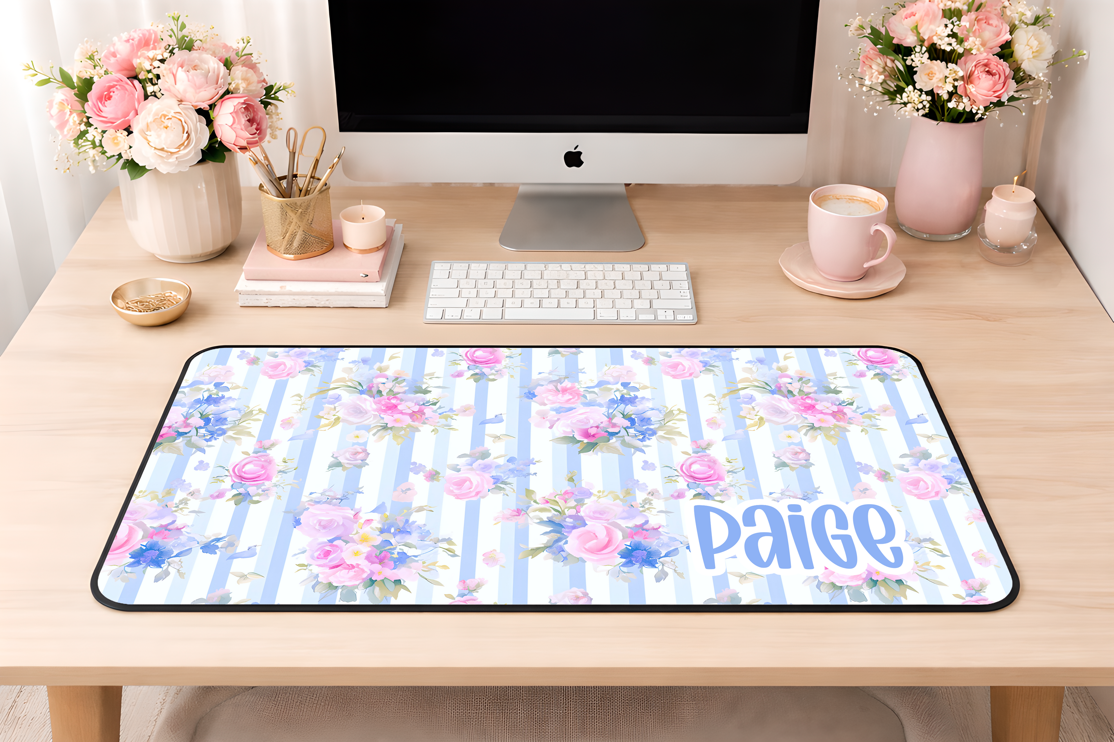 Custom Blue Stripe Floral Desk Mat, Large Mousepad, Office Dorm Decor, Co Worker Teacher Gift, Home Office Desk Supplies