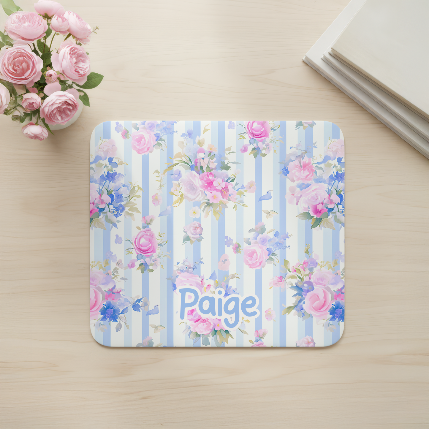 Custom Blue Stripe Floral Desk Mat, Large Mousepad, Office Dorm Decor, Co Worker Teacher Gift, Home Office Desk Supplies