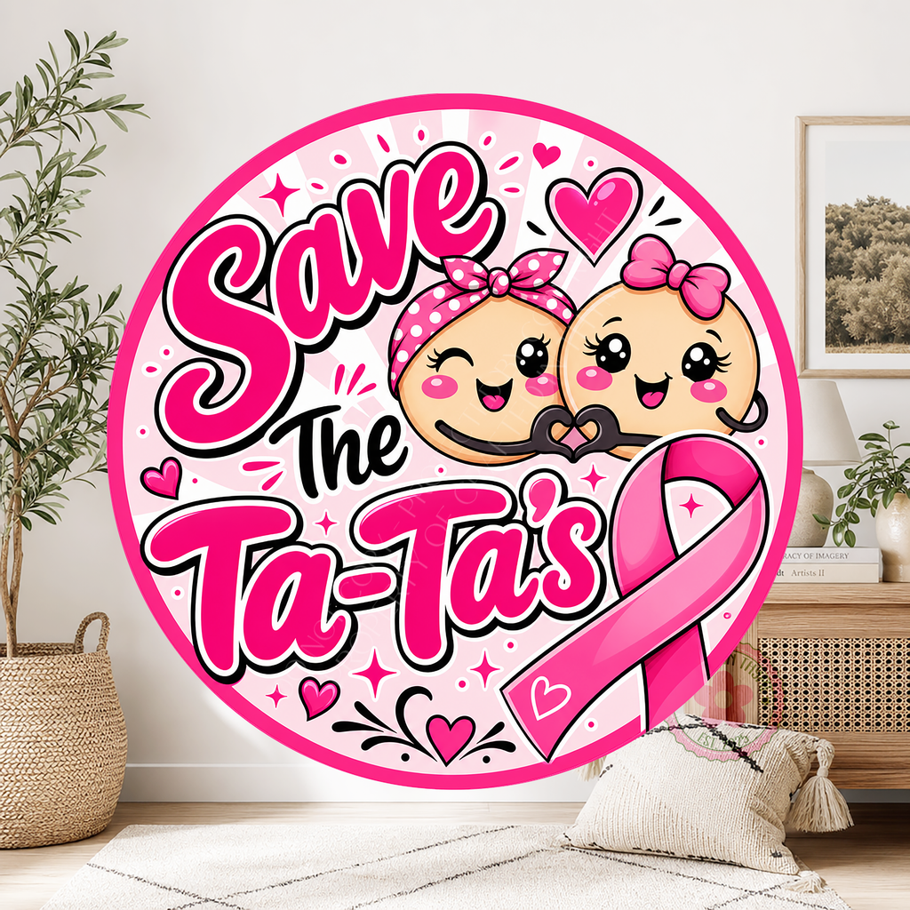 Save The Ta-Ta's Wreath Sign, Round Metal Sign For Wreaths, Breast Cancer Awareness Wreath Attachment Insert